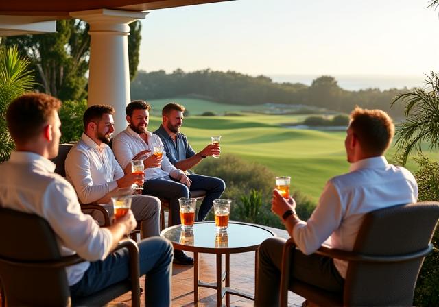 Grupo de hombres relajándose en la terraza de la casa club
