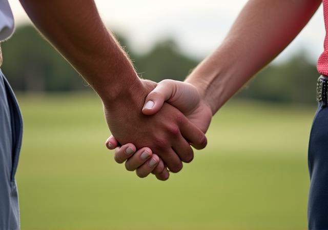 Dos jugadores de golf estrechando las manos después de un partido